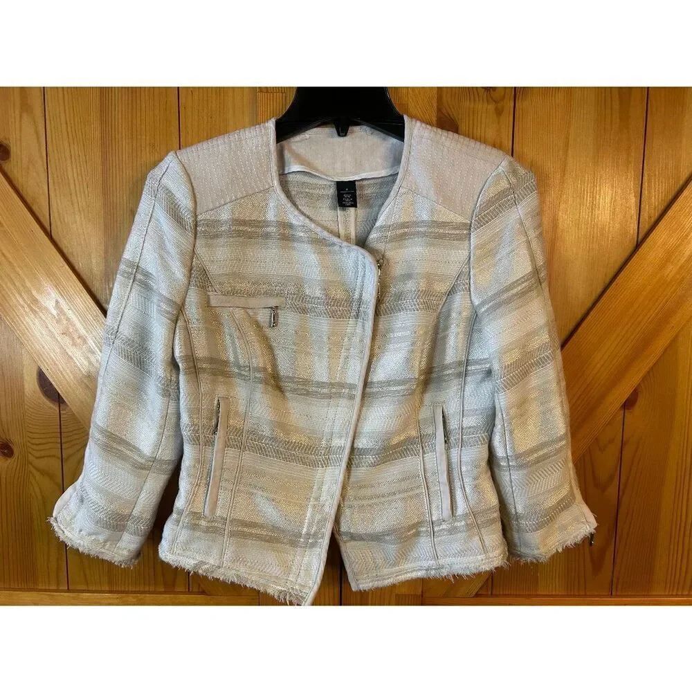 White House Black Market Womens White Cream Striped Cropped Blazer Size 4 (8977)
